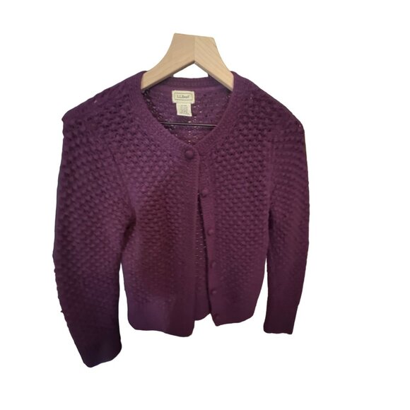 LL Bean Plum Purple Pom Pom Crochet Button Up Cardigan Wool Blend Sweater Sz Med - Picture 2 of 5